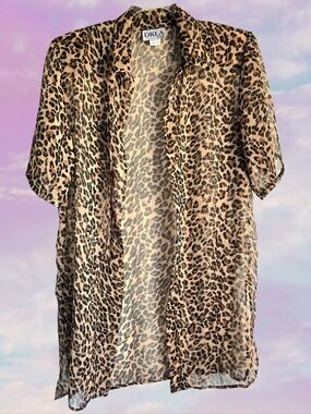 🐆Vtg Long Semisheer Leopard Print Open Jacket Top With Slits🐆